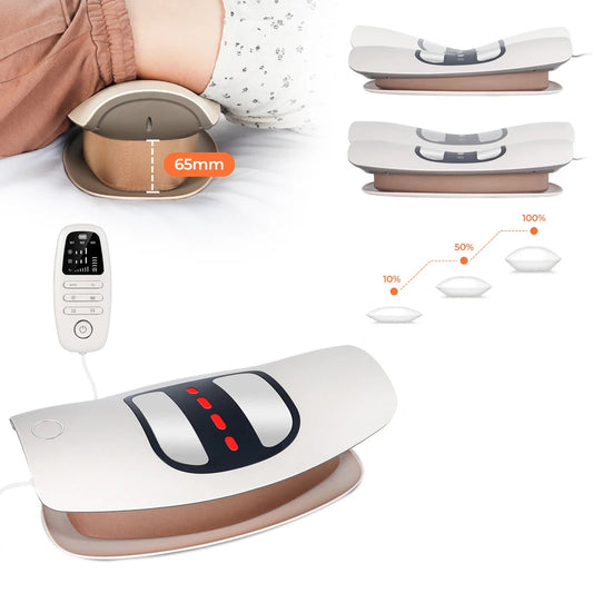 Electric lumbar traction device with digital display and various angles shown on a white background.